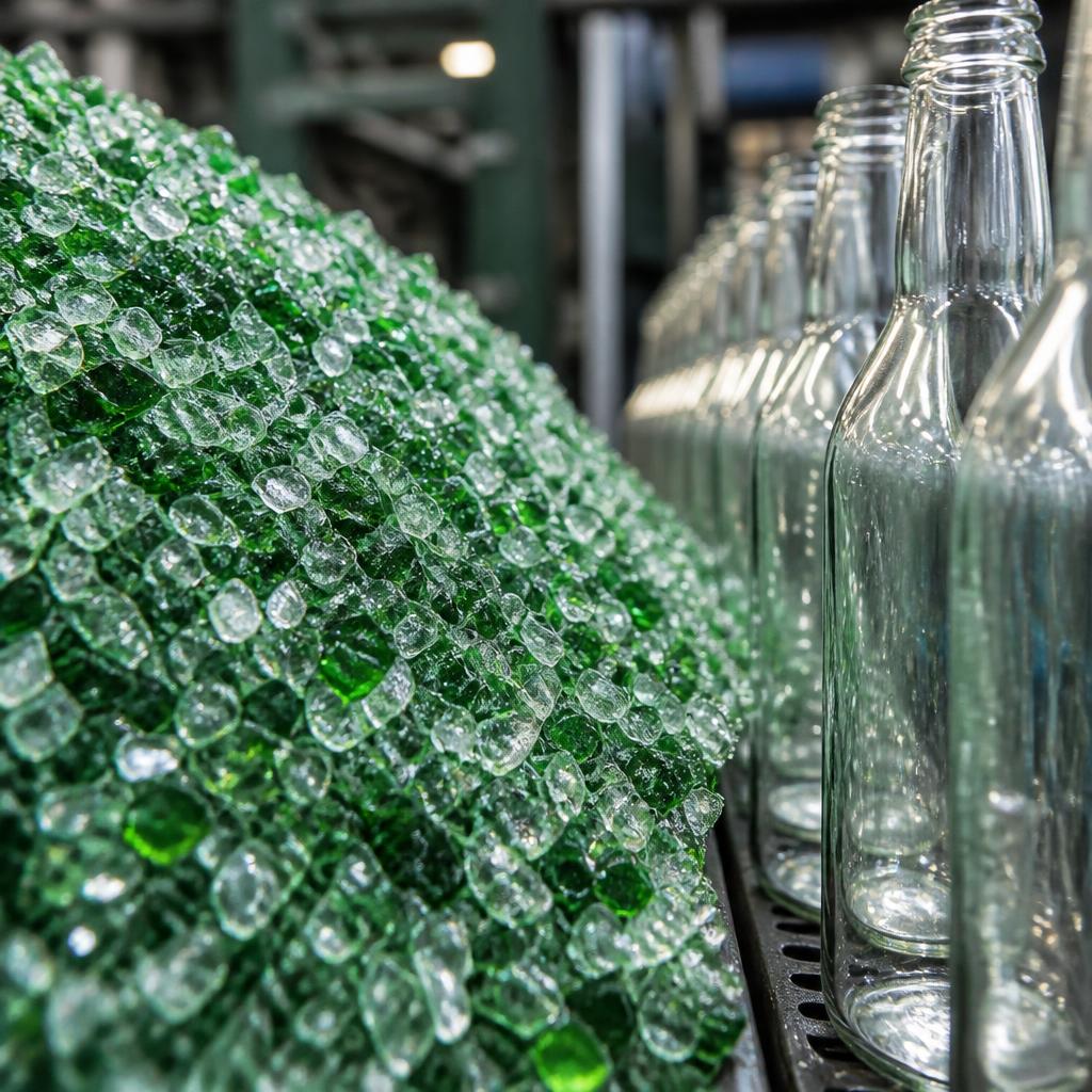 Clean recycled glass cullet beside newly formed clear bottles